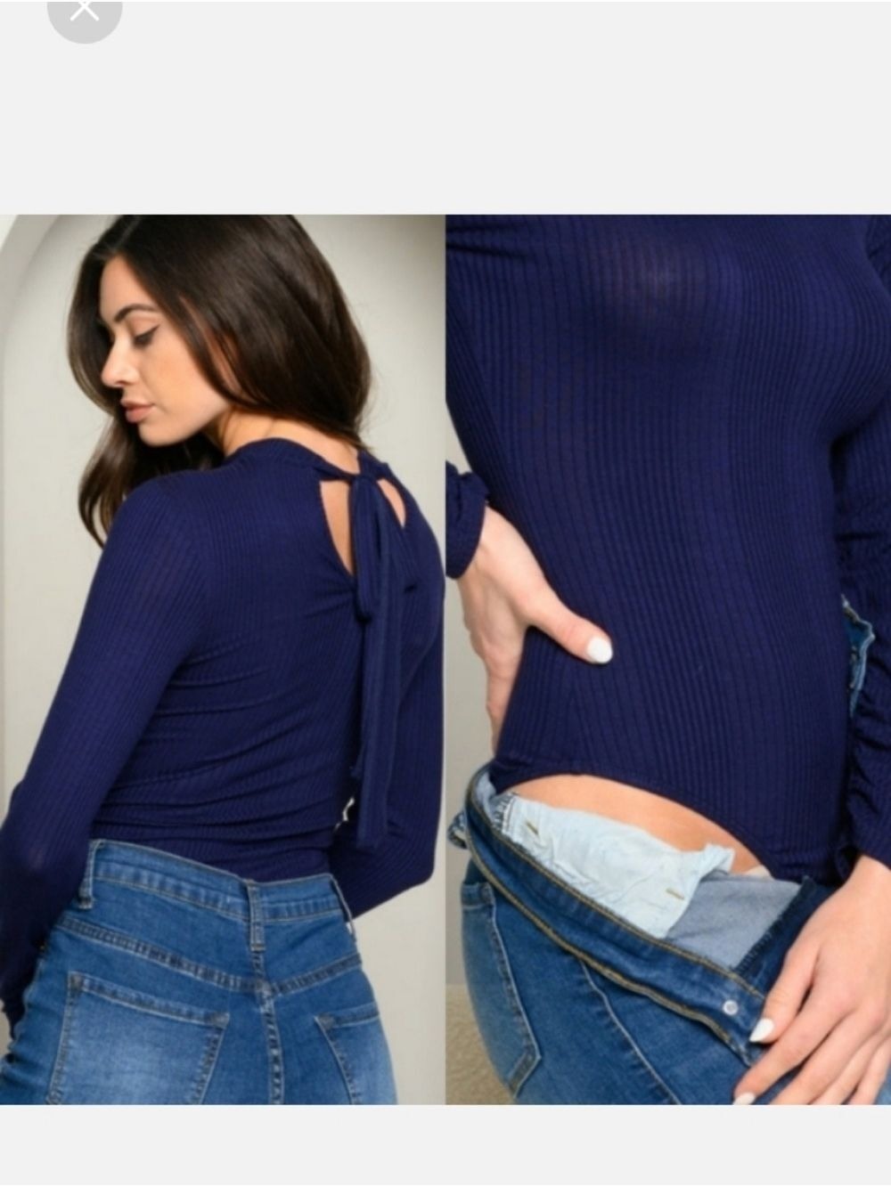 CHERISH Ribbed Size Large Long Sleeve Bodysuit Navy - Picture 2 of 2
